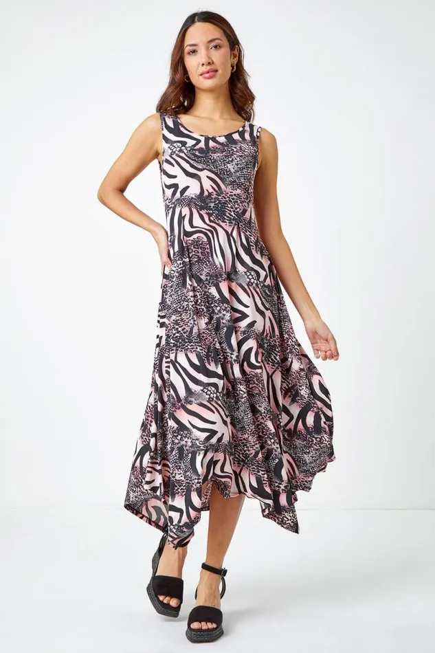 Pink Sleeveless Animal Asymmetric Midi Dress Women Roman Dresses
