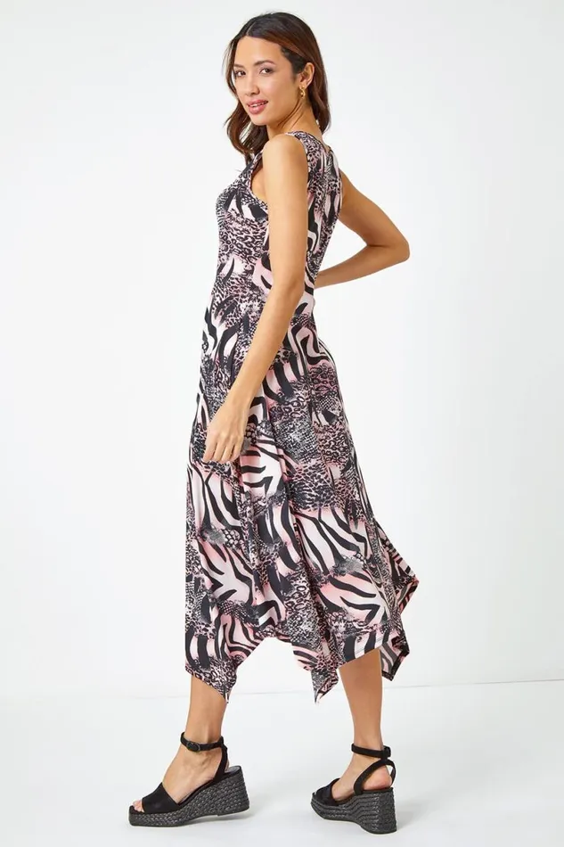 Pink Sleeveless Animal Asymmetric Midi Dress Women Roman Dresses