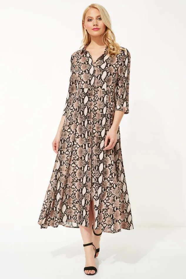 Pink Snake Print Shirt Maxi Dress Women Roman Dresses