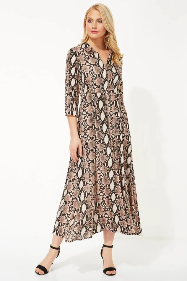 Pink Snake Print Shirt Maxi Dress Women Roman Dresses