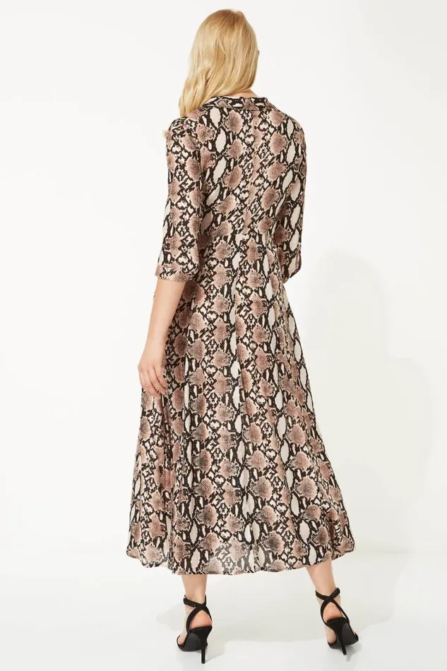 Pink Snake Print Shirt Maxi Dress Women Roman Dresses