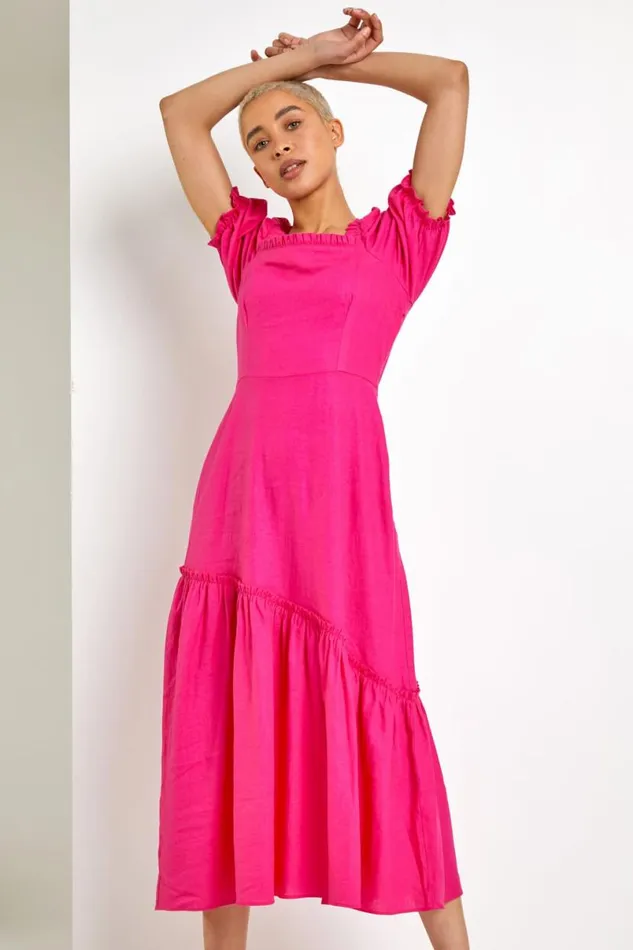 Pink Square Neck Asymmetric Tiered Midi Dress Women Roman Dresses