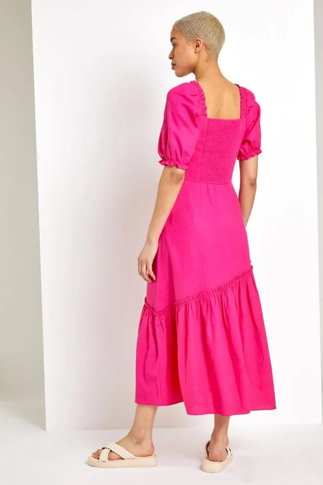 Pink Square Neck Asymmetric Tiered Midi Dress Women Roman Dresses