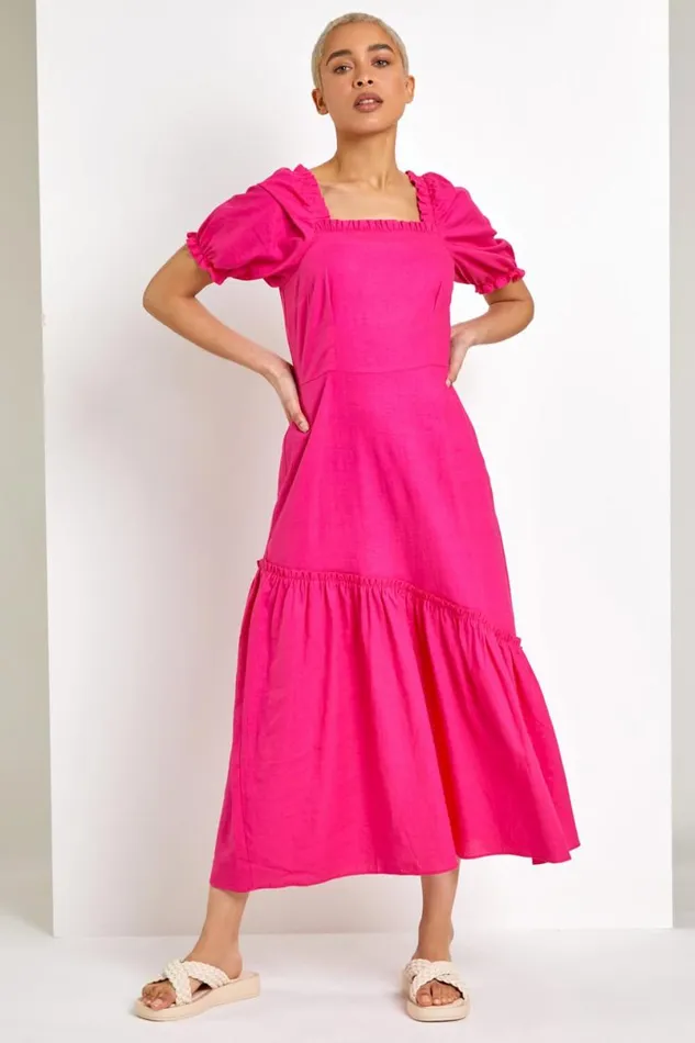 Pink Square Neck Asymmetric Tiered Midi Dress Women Roman Dresses