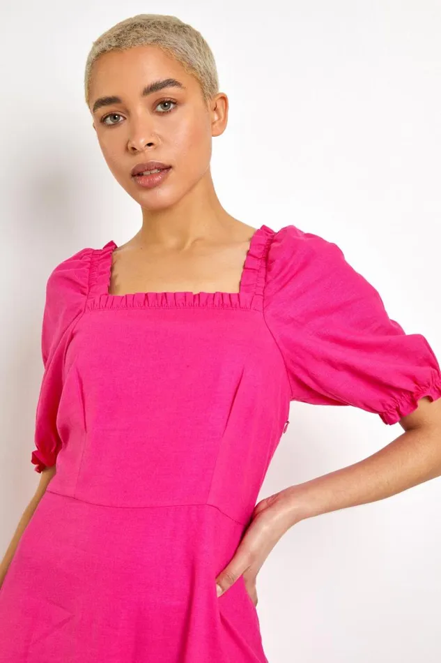 Pink Square Neck Asymmetric Tiered Midi Dress Women Roman Dresses