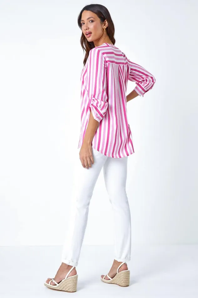 Pink Stripe Print Pleat Detail Top Women Roman Tops