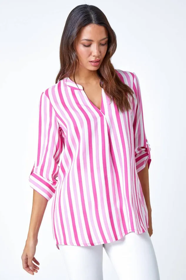 Pink Stripe Print Pleat Detail Top Women Roman Tops