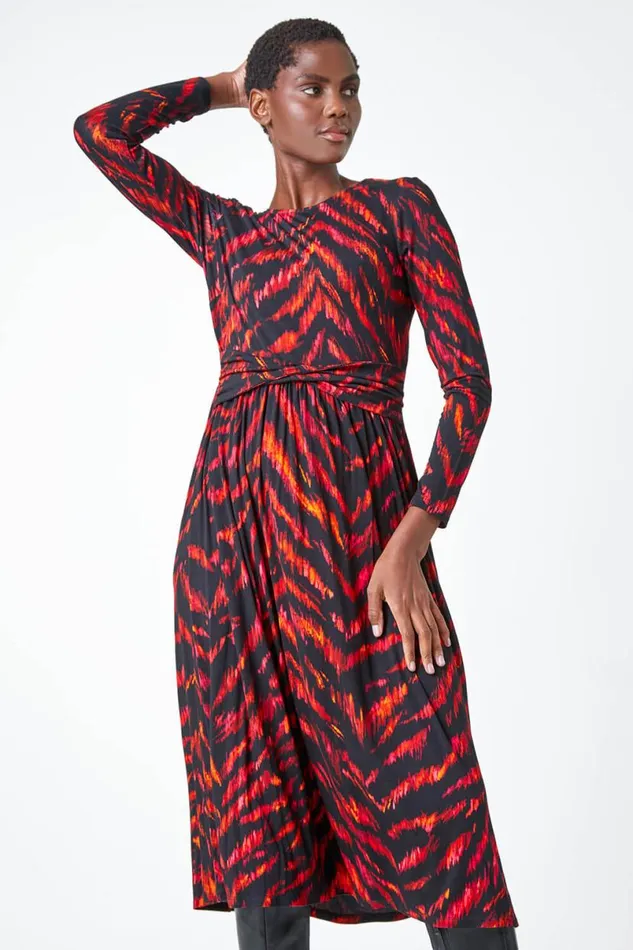 Pink Tiger Print Twist Waist Midi Stretch Dress Women Roman Dresses