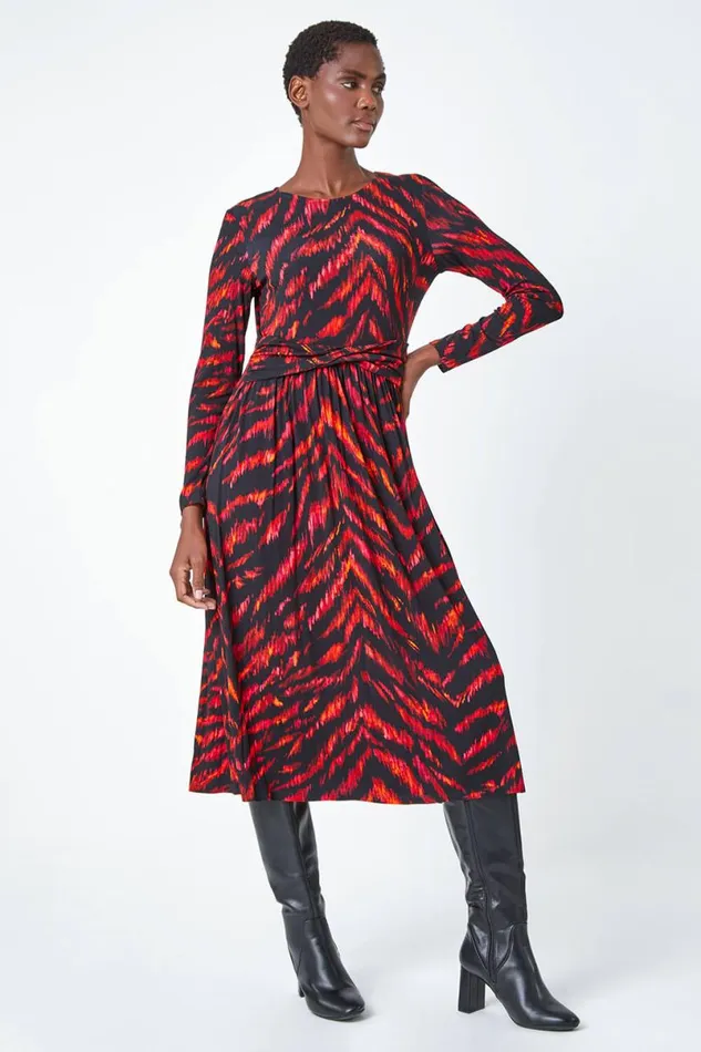 Pink Tiger Print Twist Waist Midi Stretch Dress Women Roman Dresses