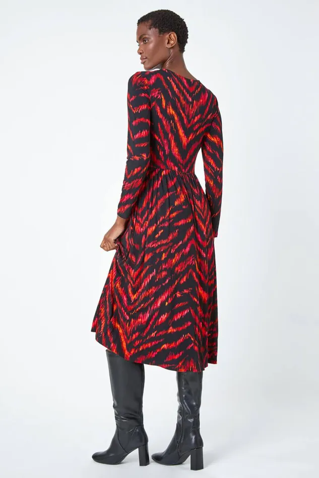 Pink Tiger Print Twist Waist Midi Stretch Dress Women Roman Dresses