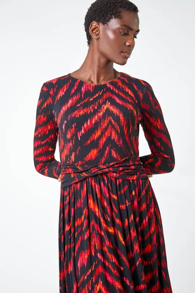 Pink Tiger Print Twist Waist Midi Stretch Dress Women Roman Dresses