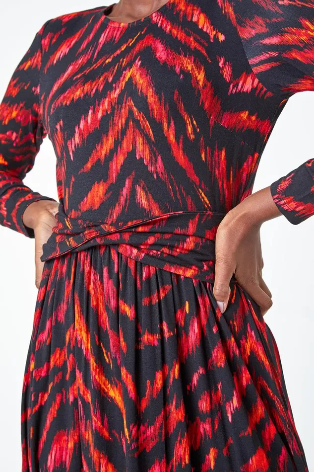 Pink Tiger Print Twist Waist Midi Stretch Dress Women Roman Dresses