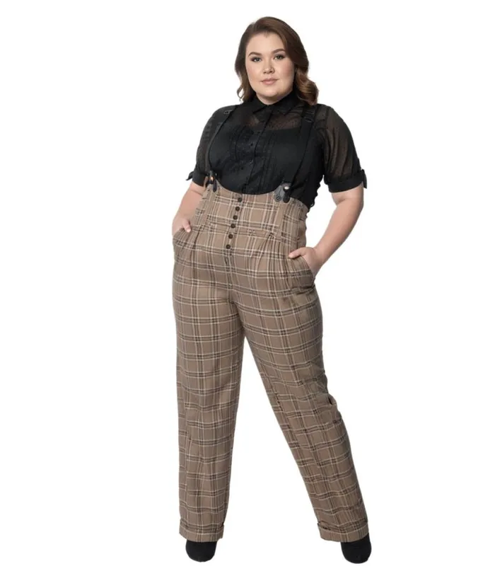 Plus Size 1930s Dark Beige Windowpane Thelma Suspender Pants ClothingPlus Unique Vintage Pants
