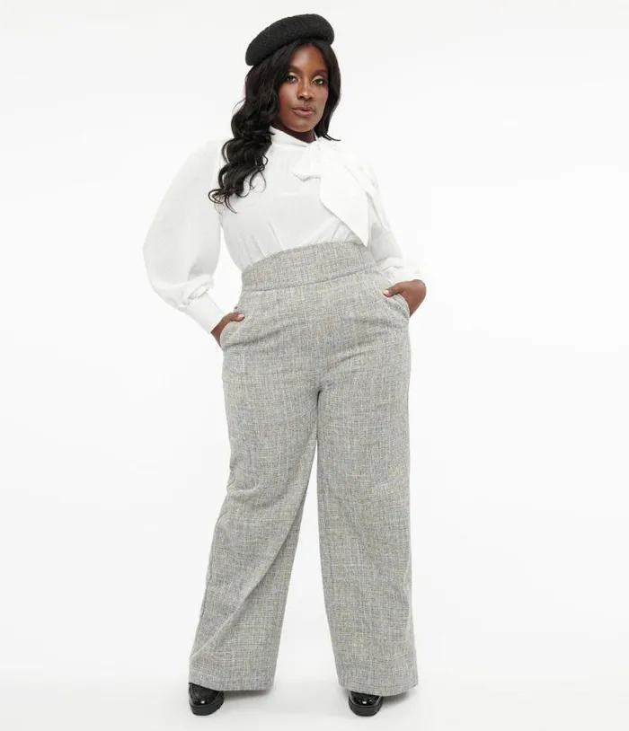 Plus Size 1940s Beige and Baby Blue Tweed High Waist Pants ClothingPlus Unique Vintage Pants
