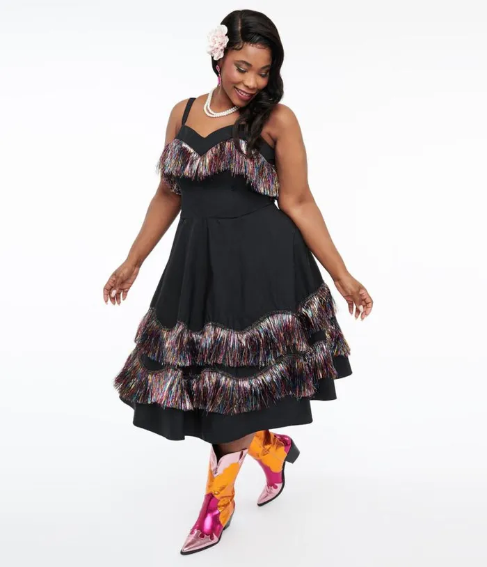 Plus Size Black and Rainbow Fringe Girlie Swing Dress DressesPlus Unique Vintage Swing