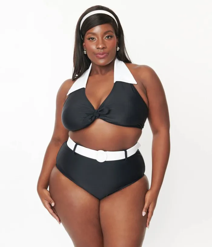 Plus Size Black and White Belted Swim Bottoms Plus Unique Vintage Two Piece Swim