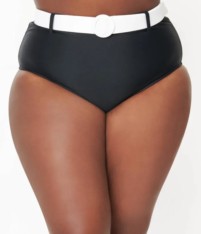 Plus Size Black and White Belted Swim Bottoms Plus Unique Vintage Two Piece Swim