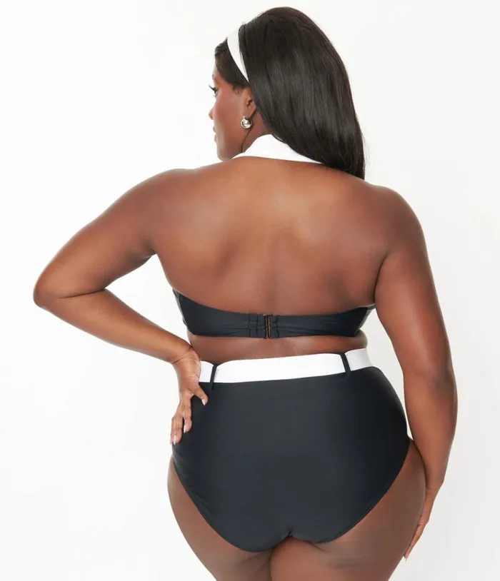 Plus Size Black and White Belted Swim Bottoms Plus Unique Vintage Two Piece Swim