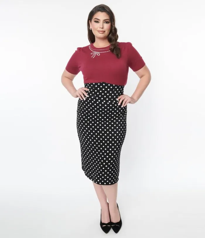 Plus Size Black and White Polka Dot Wiggle Skirt ClothingPlus Unique Vintage Skirts