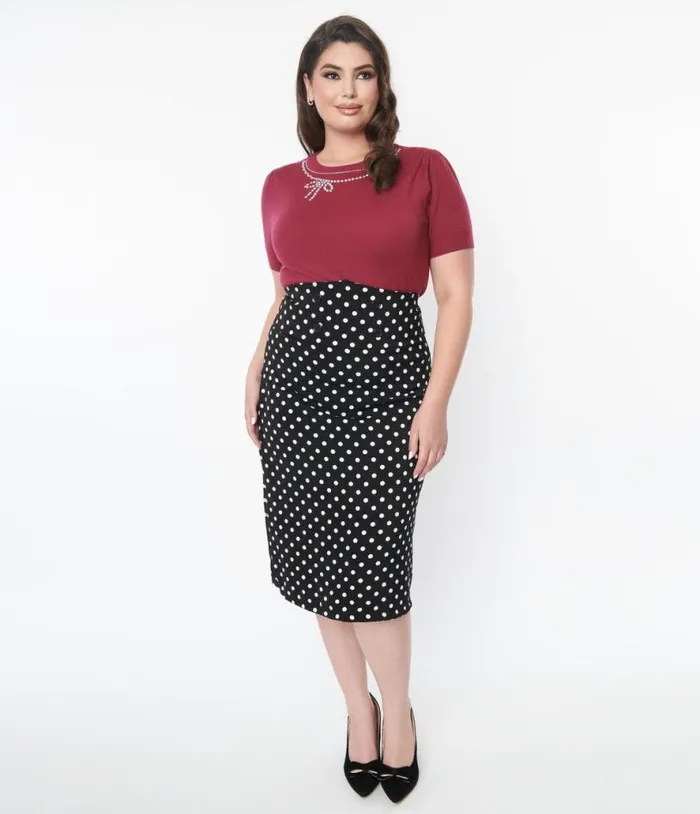 Plus Size Black and White Polka Dot Wiggle Skirt ClothingPlus Unique Vintage Skirts