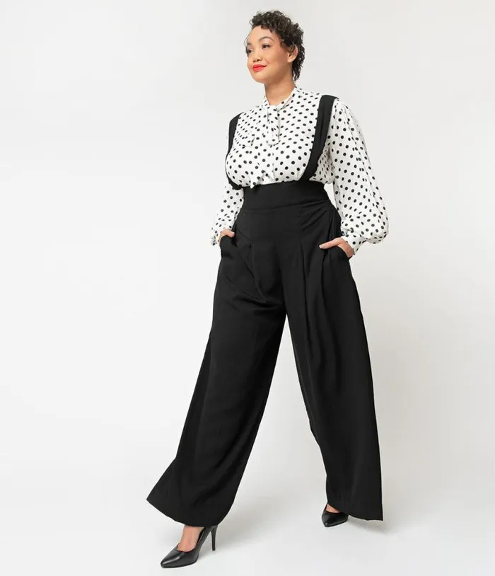 Plus Size Black Wide Leg Rochelle Suspender Pants ClothingPlus Unique Vintage Pants