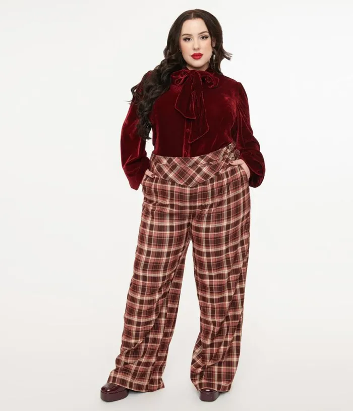 Plus Size Burgundy Plaid Double Belt Woven Pants ClothingPlus Unique Vintage Pants