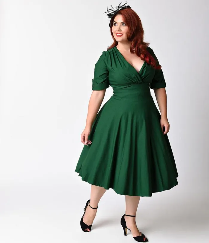 Plus Size Emerald Green Delores Swing Dress With Sleeves DressesPlus Unique Vintage Pocket Dresses