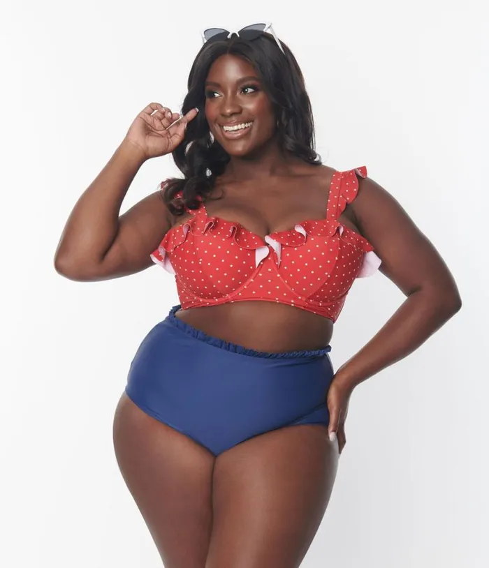 Plus Size Red and White Pin Dot Southampton Swim Top Plus Unique Vintage Two Piece Swim