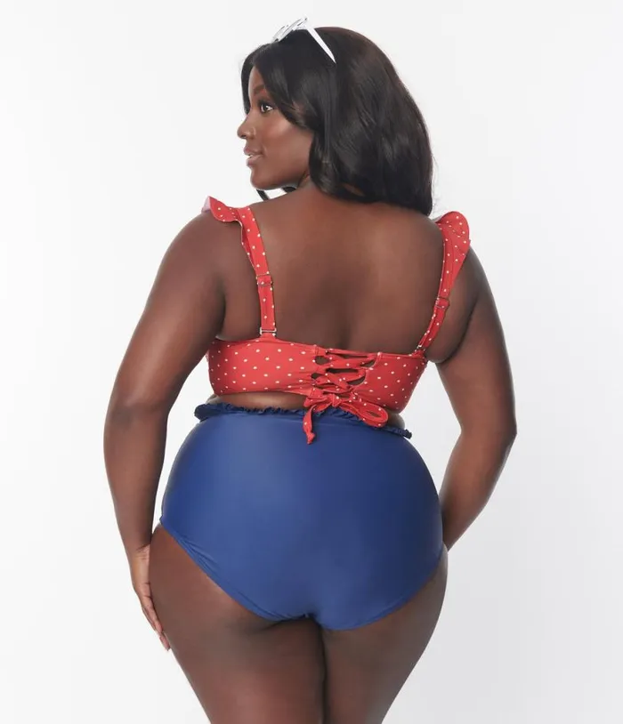 Plus Size Red and White Pin Dot Southampton Swim Top Plus Unique Vintage Two Piece Swim