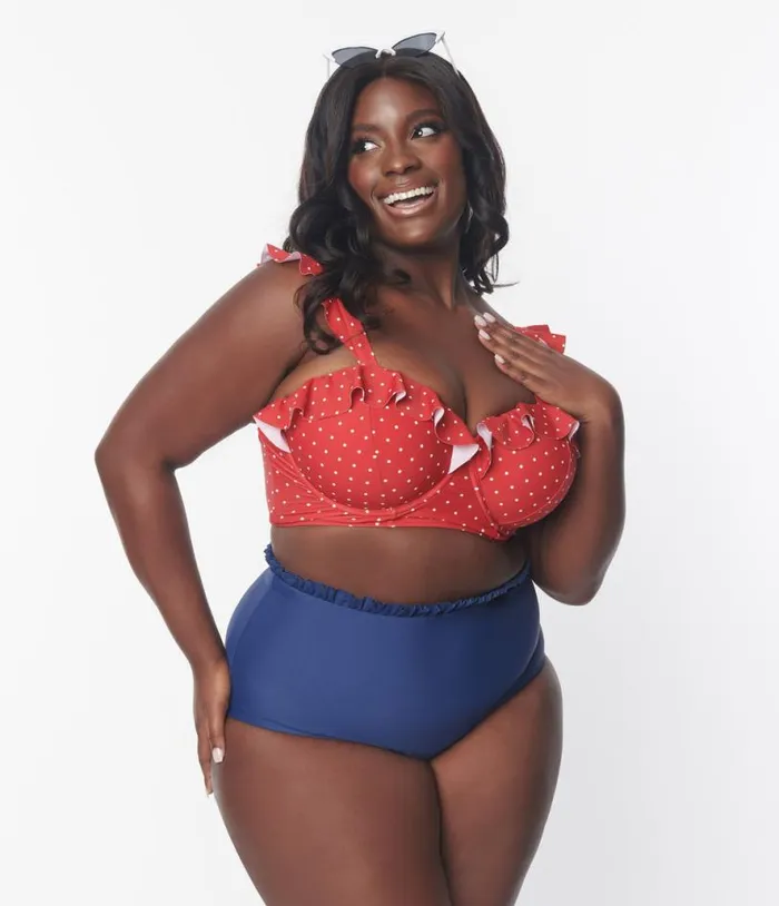 Plus Size Red and White Pin Dot Southampton Swim Top Plus Unique Vintage Two Piece Swim