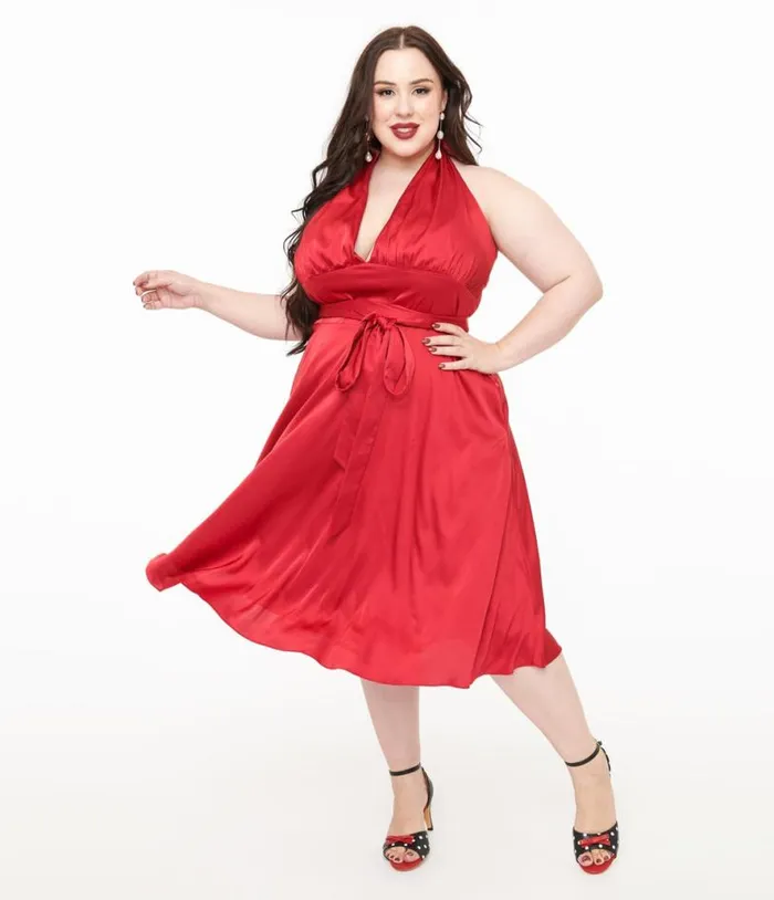 Plus Size Red Satin Halter Swing Dress DressesPlus Unique Vintage Pocket Dresses