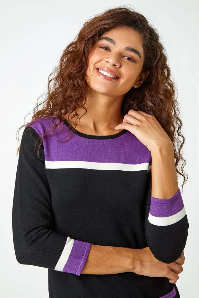 Purple Colour Block Knitted Dress Women Roman Dresses