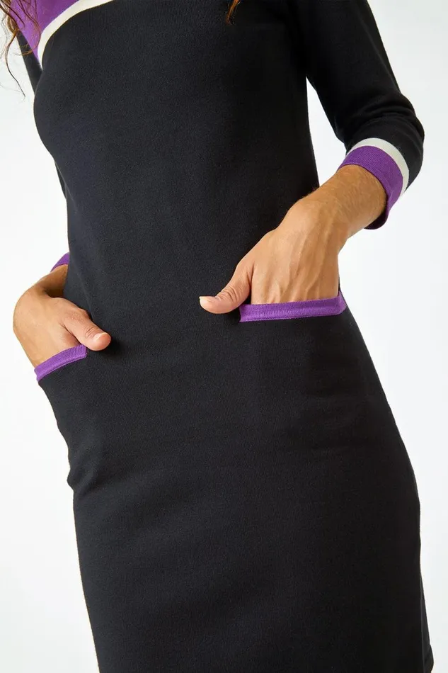 Purple Colour Block Knitted Dress Women Roman Dresses