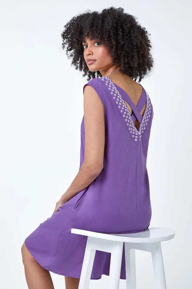 Purple Cotton Blend Embroidered Pocket Shift Dress Women Roman Dresses