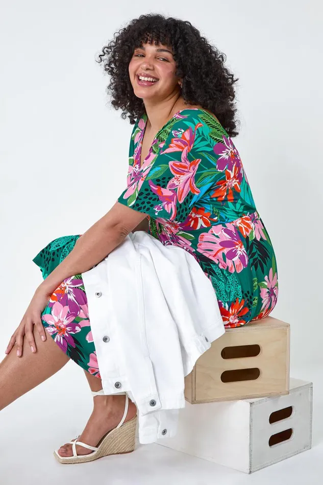 Purple Curve Ruched Front Tropical Leaf Dress STOCK FAULT Women Roman Dresses