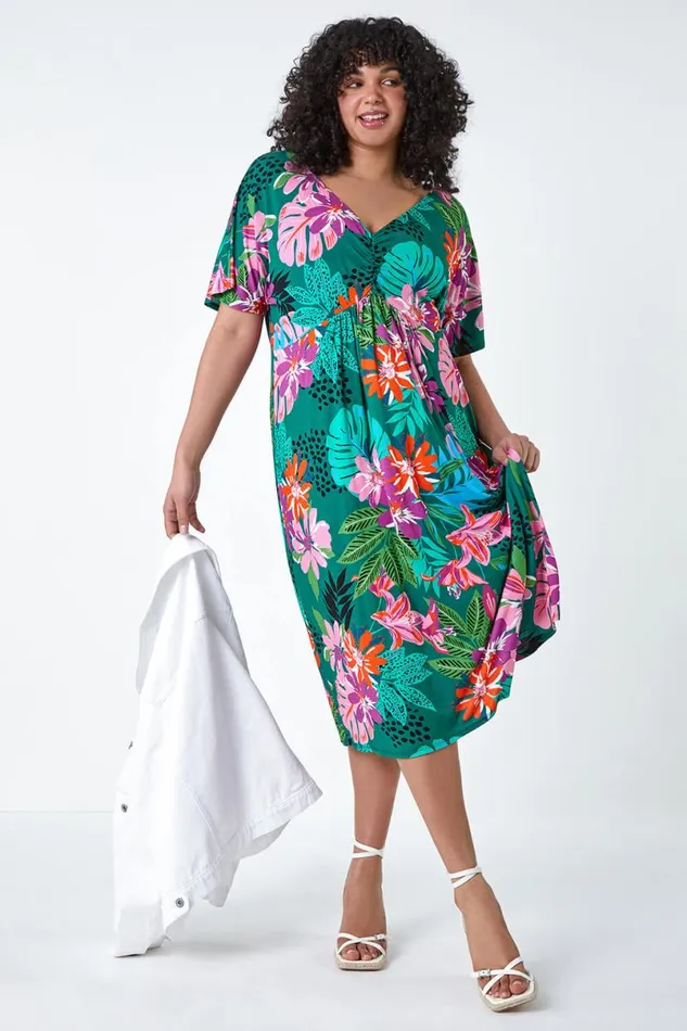 Purple Curve Ruched Front Tropical Leaf Dress STOCK FAULT Women Roman Dresses