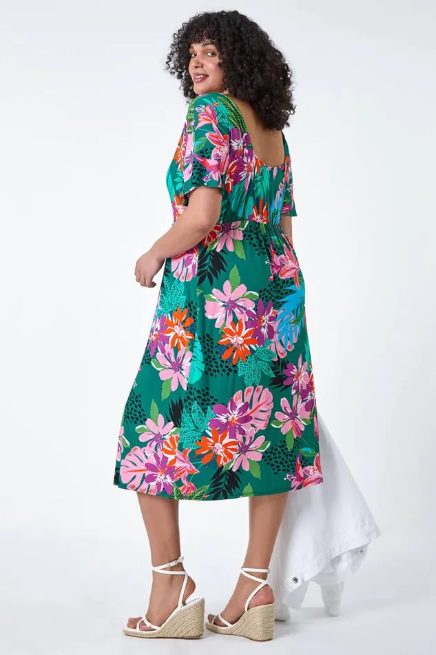 Purple Curve Ruched Front Tropical Leaf Dress STOCK FAULT Women Roman Dresses