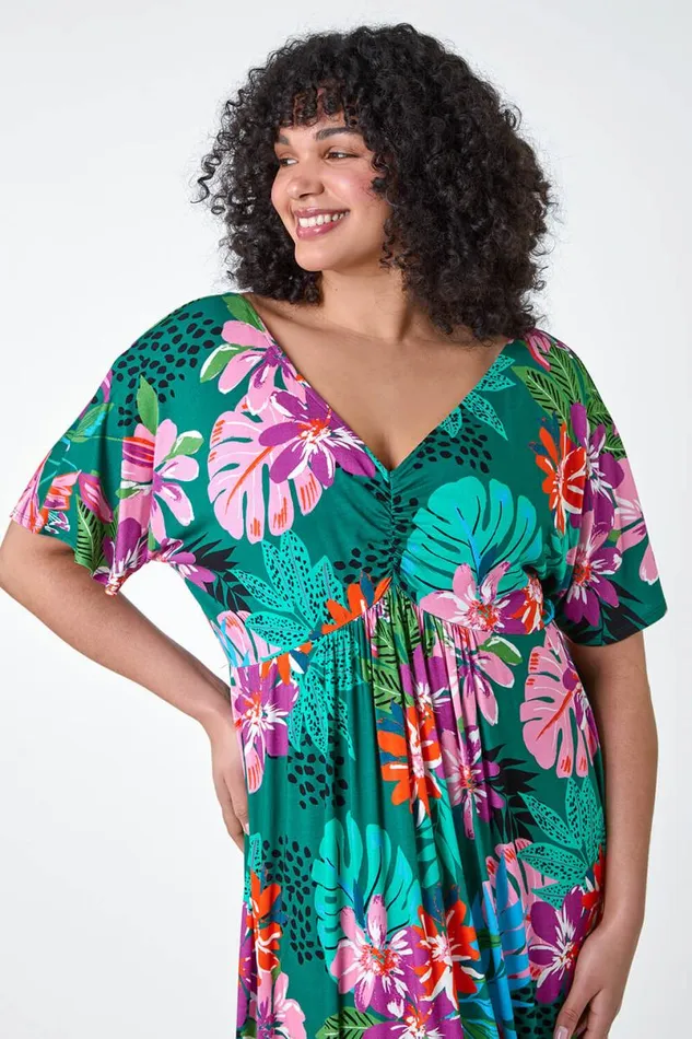 Purple Curve Ruched Front Tropical Leaf Dress STOCK FAULT Women Roman Dresses