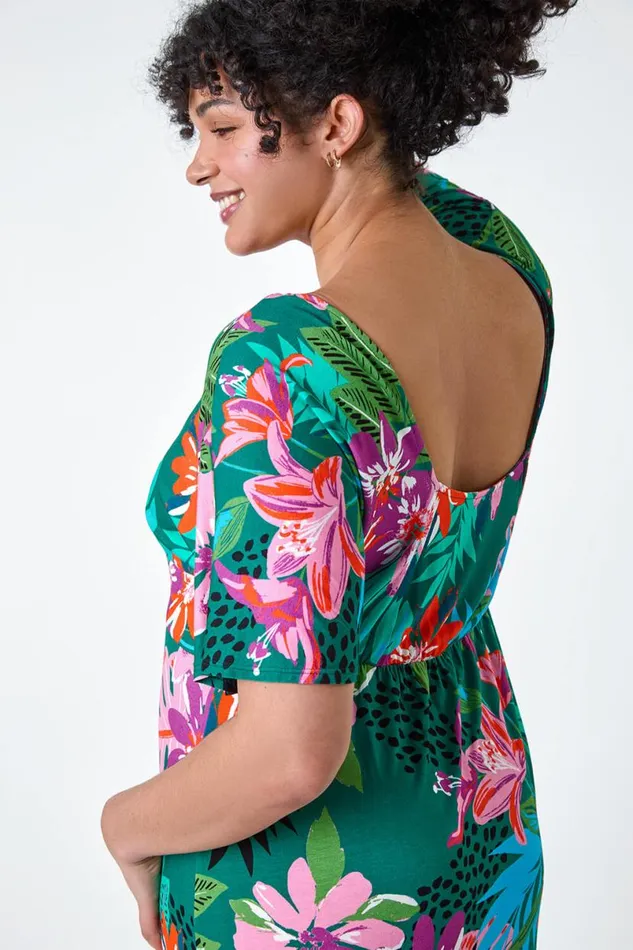 Purple Curve Ruched Front Tropical Leaf Dress STOCK FAULT Women Roman Dresses