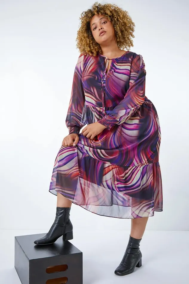 Purple Curve Swirl Print Chiffon Midi Dress Women Roman Dresses