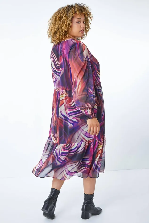 Purple Curve Swirl Print Chiffon Midi Dress Women Roman Dresses