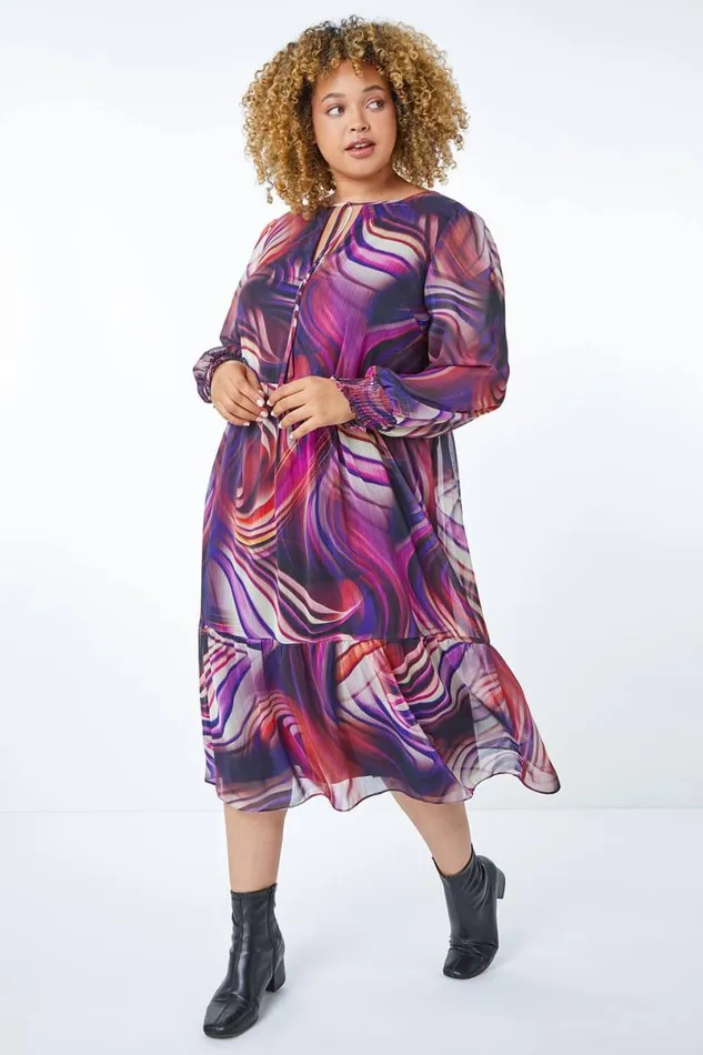 Purple Curve Swirl Print Chiffon Midi Dress Women Roman Dresses