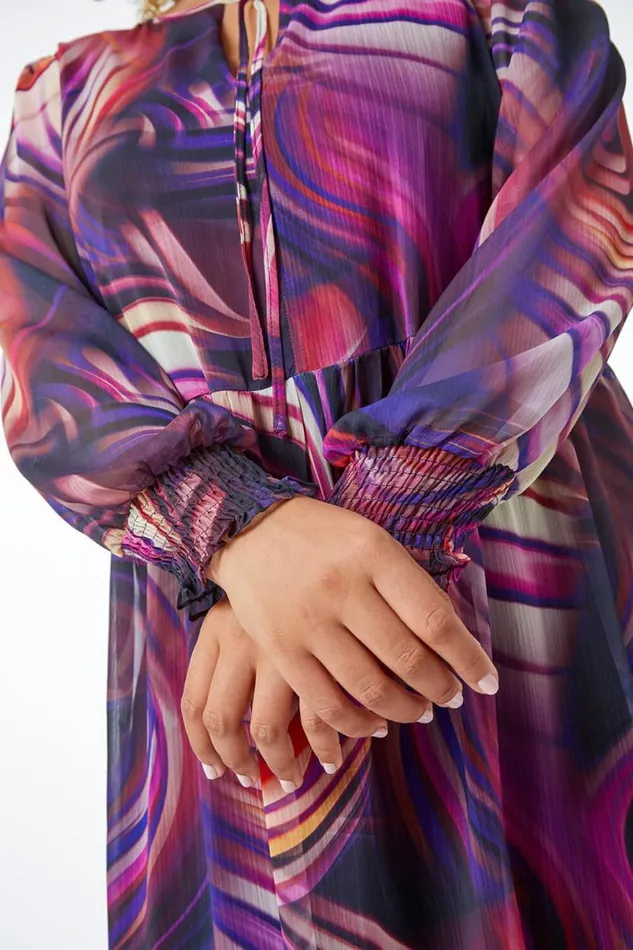 Purple Curve Swirl Print Chiffon Midi Dress Women Roman Dresses