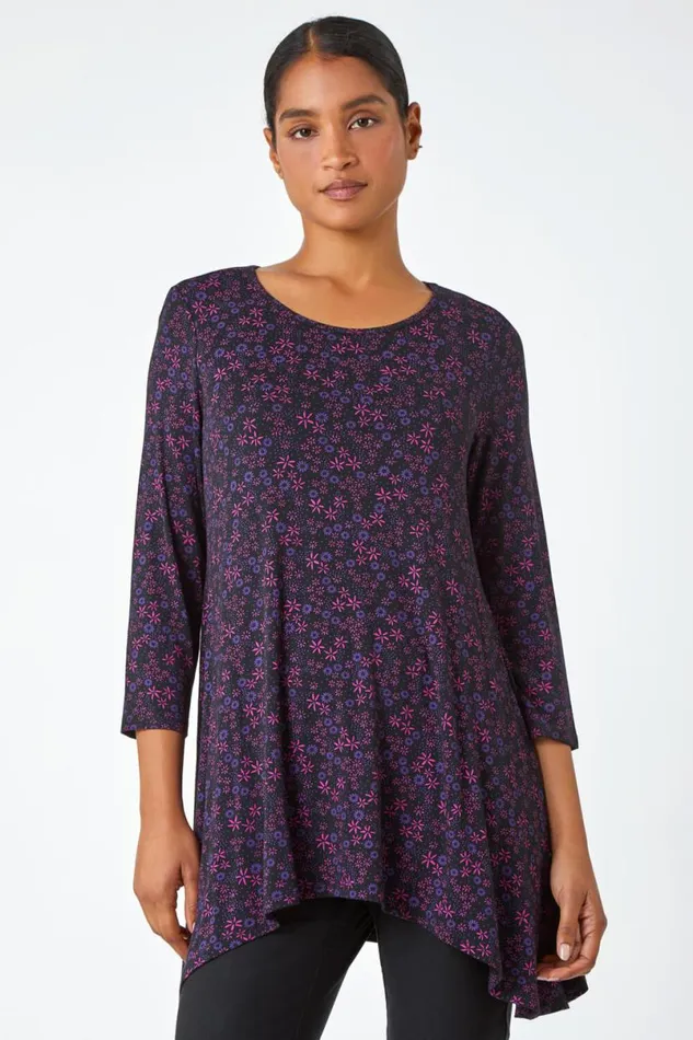 Purple Floral Print Hanky Hem Stretch Top Women Roman Tops