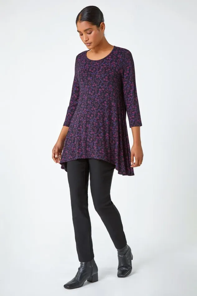 Purple Floral Print Hanky Hem Stretch Top Women Roman Tops