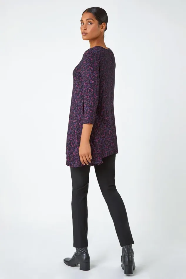 Purple Floral Print Hanky Hem Stretch Top Women Roman Tops