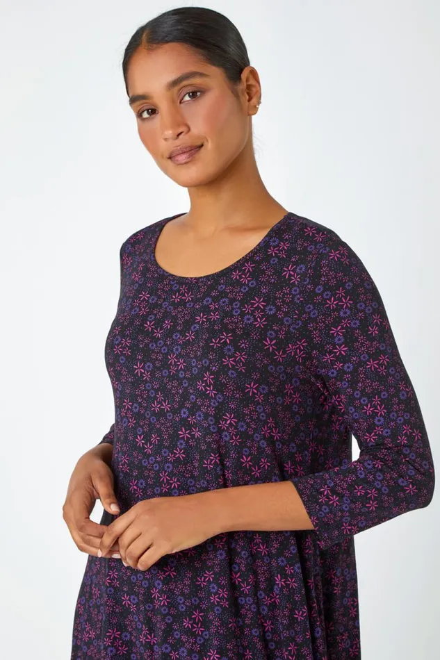 Purple Floral Print Hanky Hem Stretch Top Women Roman Tops