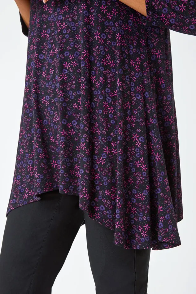 Purple Floral Print Hanky Hem Stretch Top Women Roman Tops