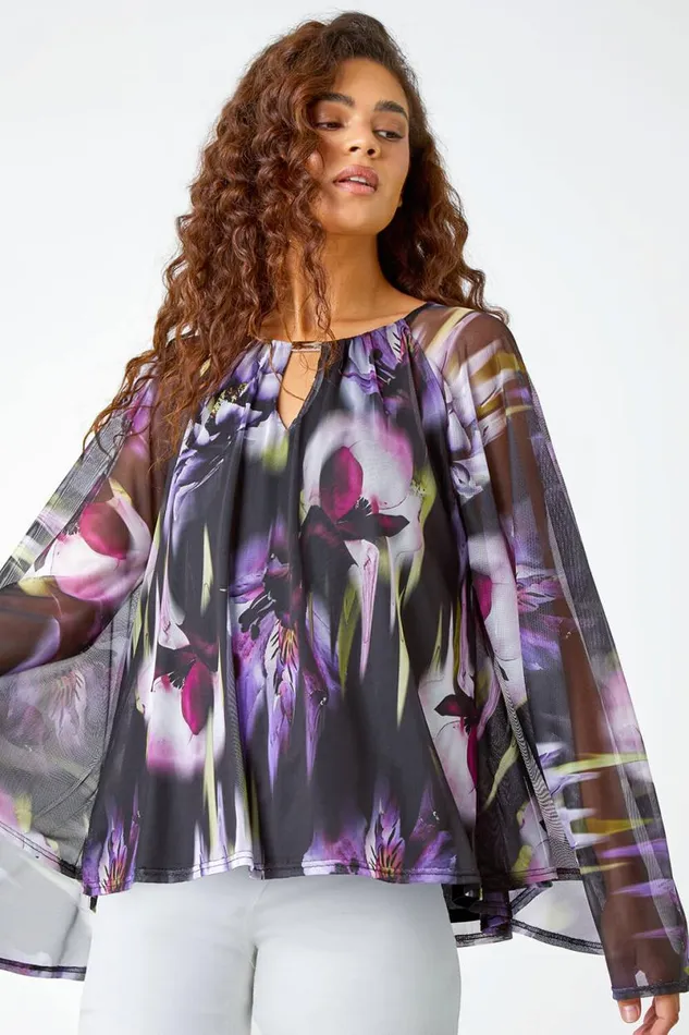 Purple Floral Print Mesh Stretch Top Women Roman Tops