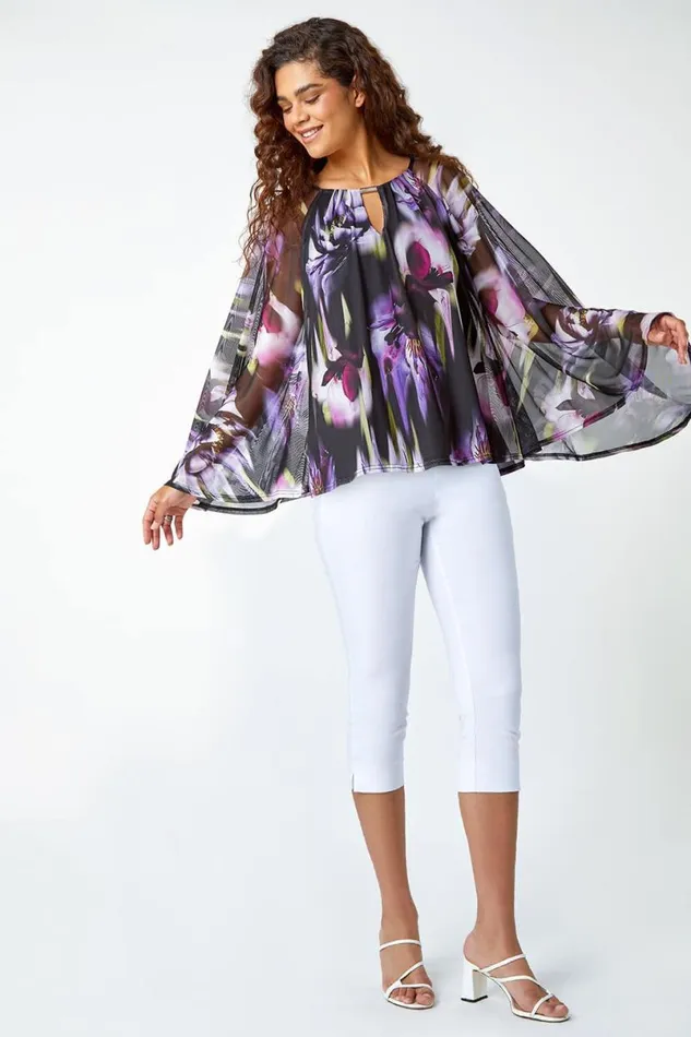 Purple Floral Print Mesh Stretch Top Women Roman Tops